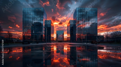 Dramatic Sunset Cityscape with Reflective Glass Skyscrapers