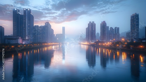 Serene Cityscape Reflected in Tranquil River at Dawn