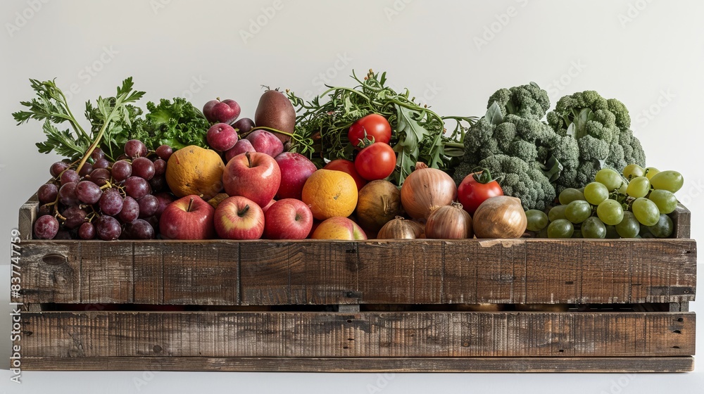 A wooden crate filled with a variety of fresh fruits and vegetables, including apples, grapes, tomatoes, broccoli, and more, on a neutral background. A wooden crate filled with a variety of fresh fruits and vegetables, including apples, grapes, tomatoes, broccoli, and more, on a neutral background.