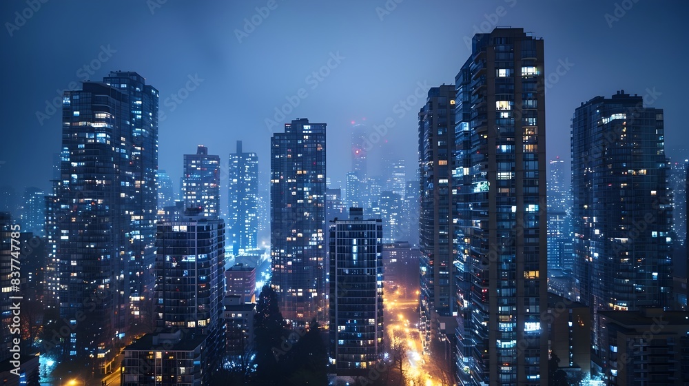 Fototapeta premium Illuminated Skyline of a Vibrant Metropolis at Nightfall