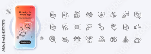 Friends chat, Teamwork and Hold t-shirt line icons for web app. Phone mockup gradient screen. Pack of Clapping hands, Business statistics, Wedding rings pictogram icons. Vector