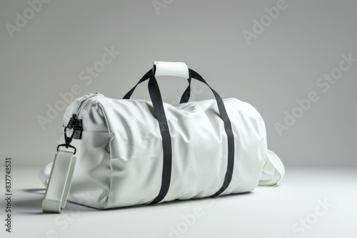 Modern White Sports Duffel Bag on Neutral Gray Background photo