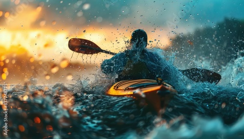 Kayaking in adventure park, close up, focus on, copy space, colorful scenery, Double exposure silhouette with rushing waters