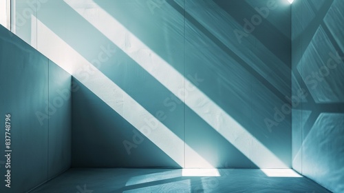 Serene Blue-Toned Room with Geometric Shadows and Sunlight
