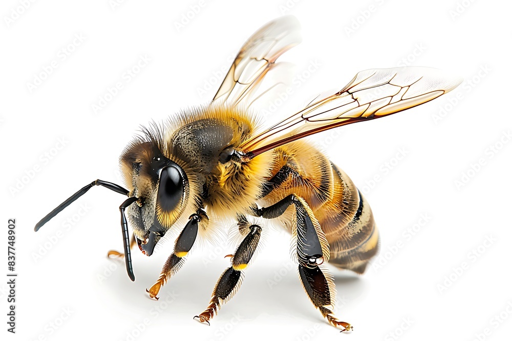 a stunning bee is flying, isolated on white background, macro, incredible pollinator a stunning bee is flying, isolated on white background, macro, incredible pollinator
