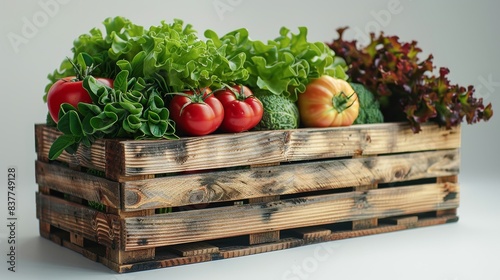 Wooden crate filled with fresh vegetables including tomatoes  lettuce  and pumpkin  showcasing healthy eating and organic produce.