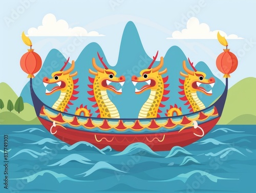 A vibrant, stylized illustration of a colorful dragon boat sailing on the sea against a beautiful sunset. Asian festival
