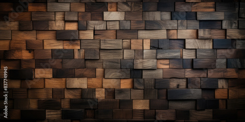 Wood background. Modern wooden facing background. Dark wooden banner. Rustic three-dimensional wood texture
