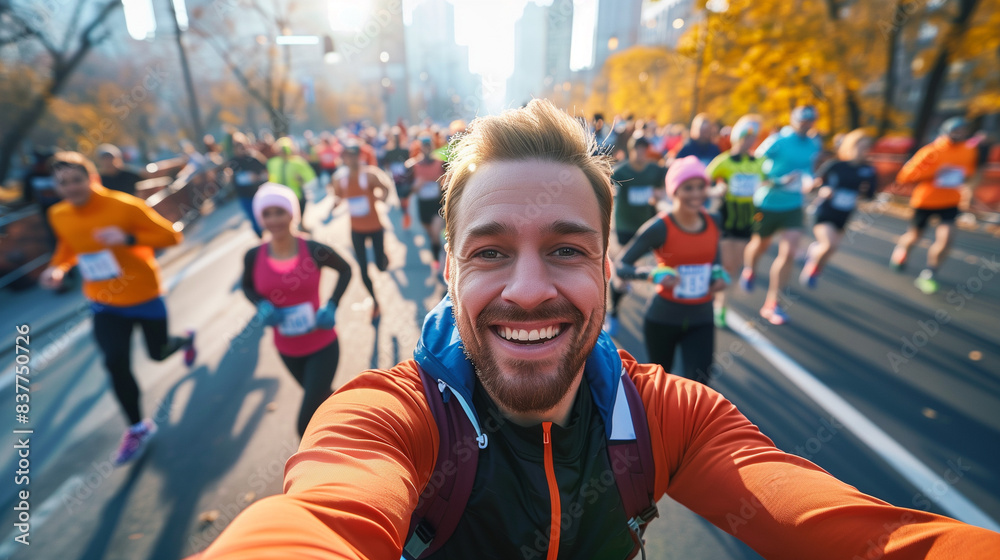 Happy Marathon Runner Taking Selfie During Race