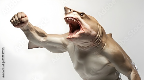 Anthropomorphic Muscle Bull Shark Fist Pumping Fighting on White Background photo