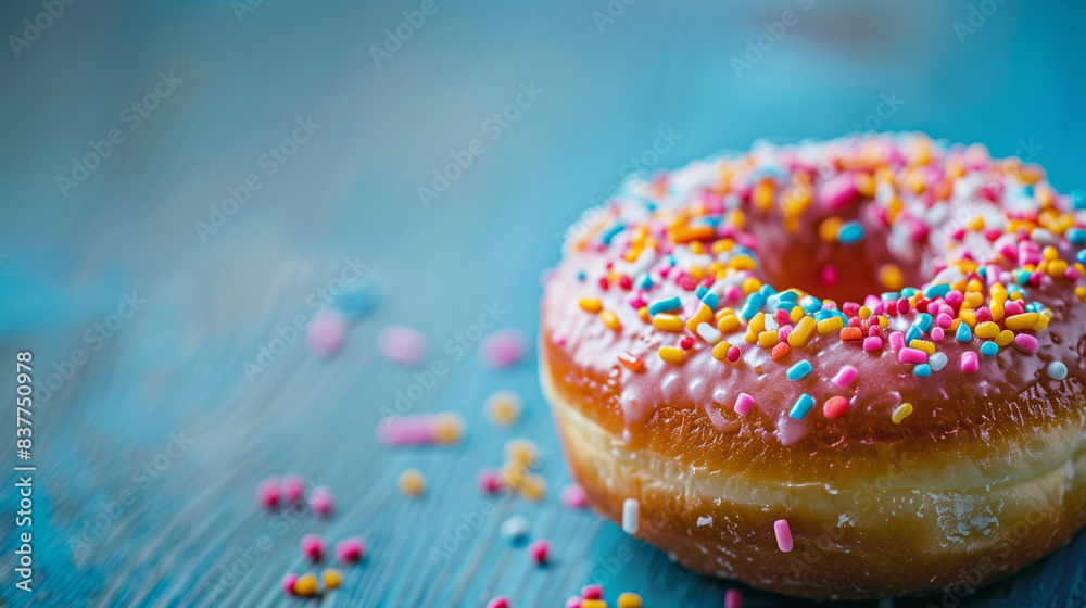 Close-Up of Donut with Colorful Toppings on Blue Background Close-Up of Donut with Colorful Toppings on Blue Background