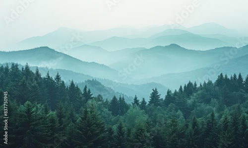 Majestic mountains, dense forest, clear sky close up, focus on, copy space, vibrant greens, Double exposure silhouette with pine trees