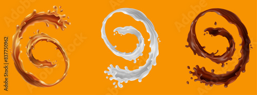 Set of Delicious Close-up Swirl of a High-Quality 3D Rendering of Caramel splash, Chocolate splash & Milk splash for graphic design, Dynamic State of Droplets and Ripples, High Speed Splash Movement
