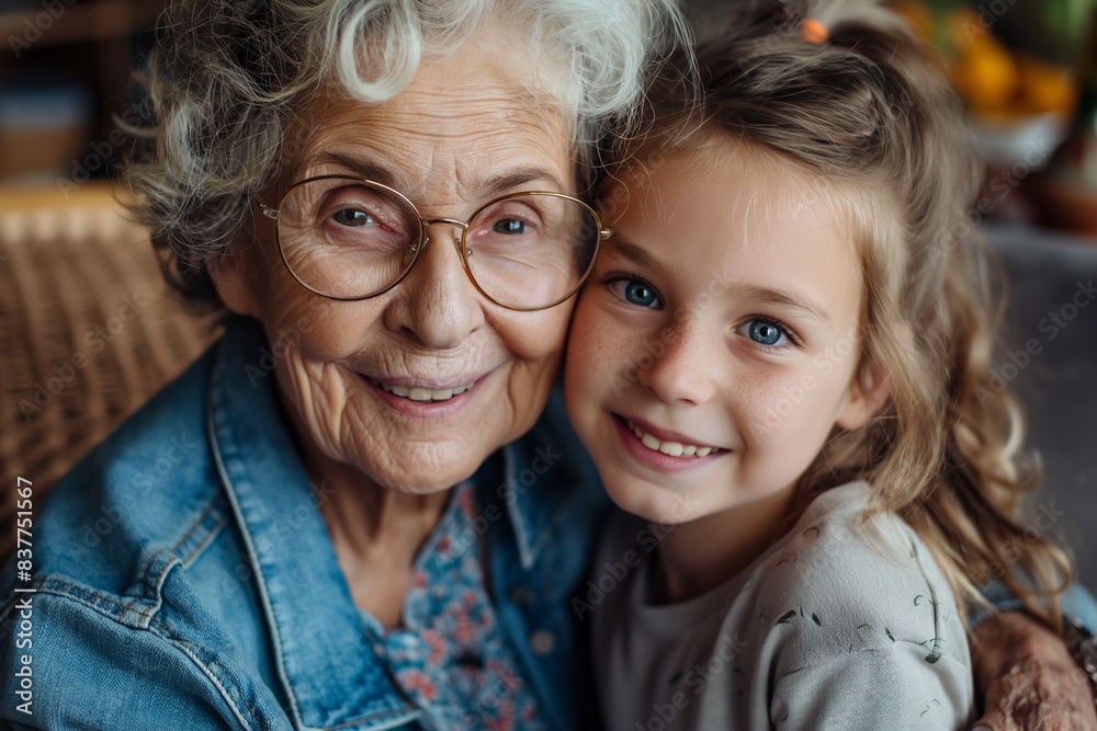 A joyful elderly grandma and her granddaughter pose together on a sofa, both smiling brightly A joyful elderly grandma and her granddaughter pose together on a sofa, both smiling brightly