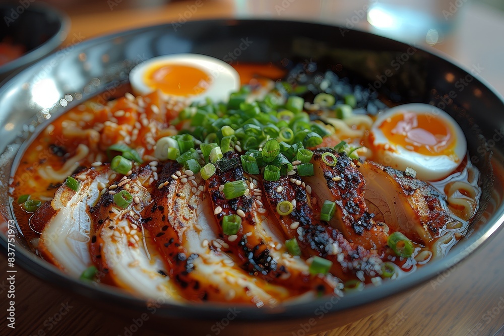 Ramen - Bowl of ramen with rich broth, sliced pork, soft-boiled egg, nori, and green onions. Ramen - Bowl of ramen with rich broth, sliced pork, soft-boiled egg, nori, and green onions.