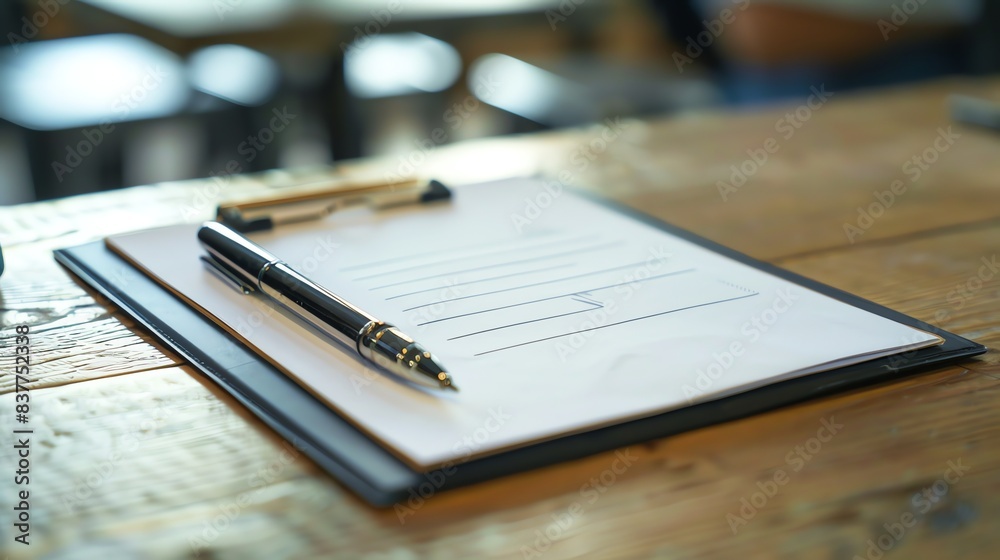 A wooden table with a clipboard and a pen on top of it. The clipboard is holding a blank piece of paper. The pen is black and has a silver clip. A wooden table with a clipboard and a pen on top of it. The clipboard is holding a blank piece of paper. The pen is black and has a silver clip.