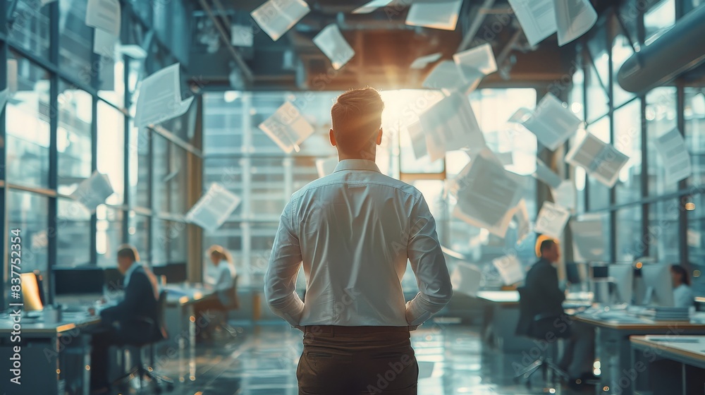 Businessman in modern office with documents flying everywhere sunlight streaming through windows Businessman in modern office with documents flying everywhere sunlight streaming through windows