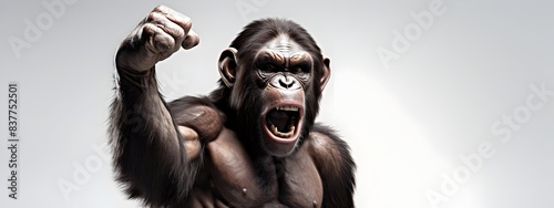 Fierce Chimpanzee Fist Pumping with Powerful Muscular Physique on White Studio Background