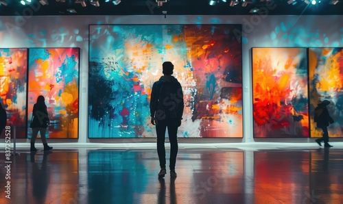 Modern art gallery exhibition, close up, focus on, copy space, vibrant colors, Double exposure silhouette with abstract paintings