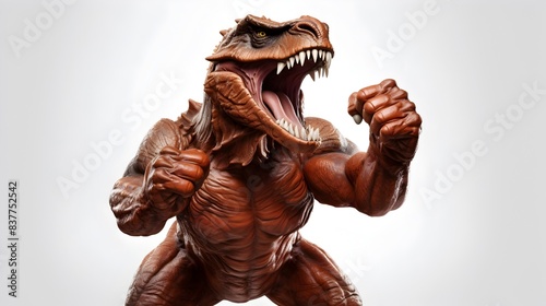 Fierce Muscle Bound Anthropomorphic Dinosaur Fist Pumping in Intense Fighting Stance on White Studio Background photo