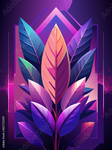 Colorful Digital Art of Stylized Neon Leaves on Purple Background