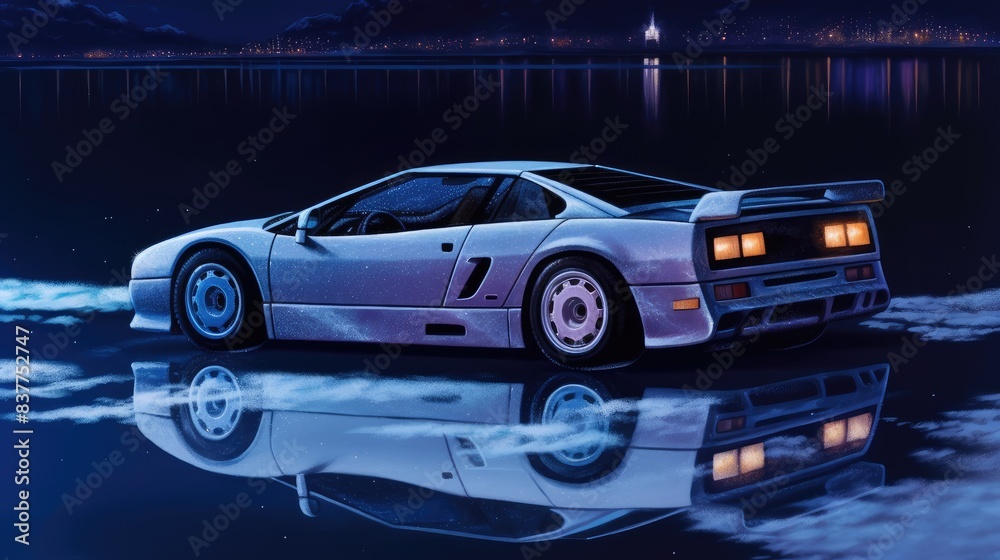 Fototapeta premium Retro Sports Car by Nighttime Lake
