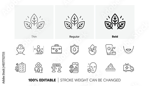 Skin care, Fitness app and Chin line icons. Pack of Social distance, Uv protection, Blood donation icon. Organic tested, Diet menu, Psychology pictogram. Family insurance, First aid. Vector
