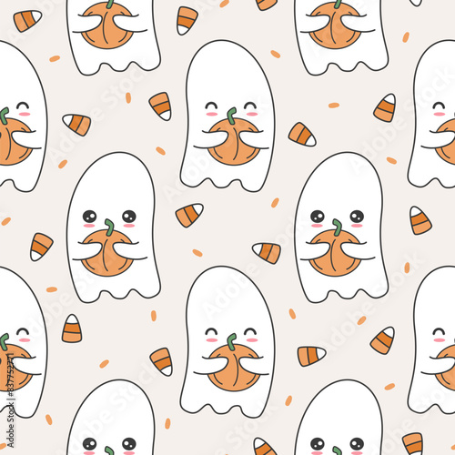 cute cartoon halloween seamless vector pattern background illustration with hand drawn character ghost with pumpkin and holiday candies
