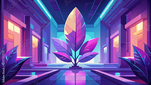 Vibrant Cyberpunk Cityscape with Neon Plant Illustration