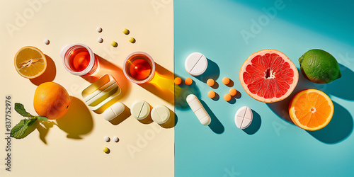 Vitamin Tabletten und frisches Obst auf dem Tisch. Bunter Hintergrund. Healthcare Produkte.