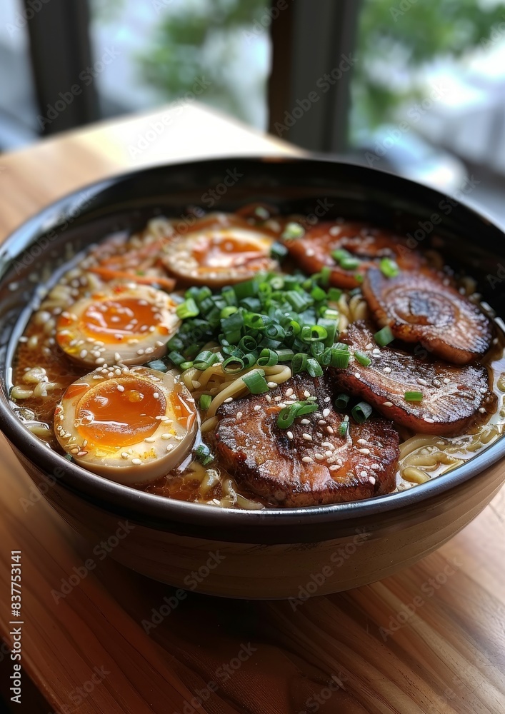 Ramen - Bowl of ramen with rich broth, sliced pork, soft-boiled egg, nori, and green onions. Ramen - Bowl of ramen with rich broth, sliced pork, soft-boiled egg, nori, and green onions.