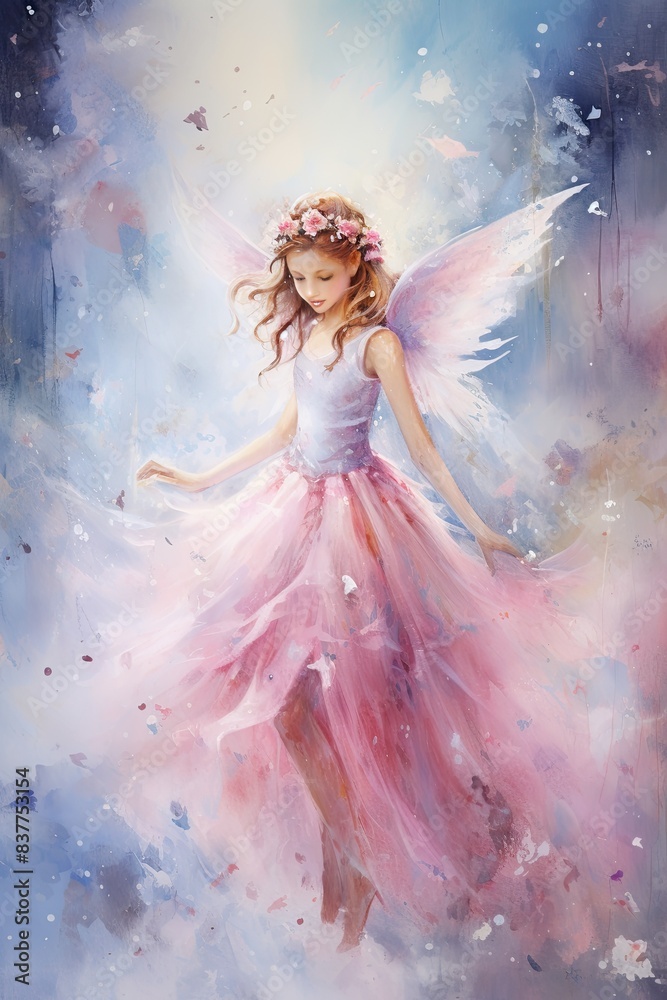 Illustration of a Fairy with magic dust on a grunge background with snow and floral edges, realistic watercolor style, pink blue background, Illustration of a Fairy with magic dust on a grunge background with snow and floral edges, realistic watercolor style, pink blue background,