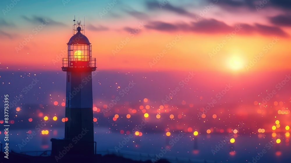 Modern lighthouse, twilight, city skyline in background close up, focus on, copy space Double exposure silhouette with urban coast Modern lighthouse, twilight, city skyline in background close up, focus on, copy space Double exposure silhouette with urban coast