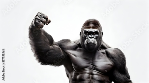 Mighty Anthropomorphic Gorilla Flexing Fist in Fierce Fighting Pose on White Studio Background