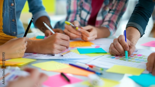 Obraz na płótnie Active class participation is evident in the image with students using colorful sticky notes and writing instruments during a collaborative session w salonie