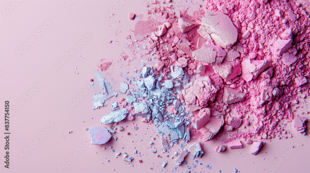 Fototapeta premium Colorful Crushed Eye Shadow Makeup on Pink Background, make up concept