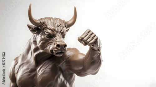 Muscular Anthropomorphic Bull Character Fist Pumping in Intense Fighting Pose on White Studio Background