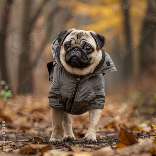 portrait of a pug dog in sport clothes, walking in the nature, eastern european style park