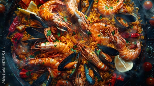 Delicious Traditional Seafood Paella Cooked Over Open Fire with Shrimp, Mussels, and Colorful Vegetables in Rustic Outdoor Setting Perfect For Culinary Imagery