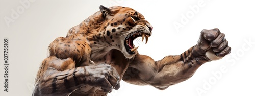 Muscular Anthropomorphic Jaguar Fist Pumping in Intense Fighting Pose on White Background