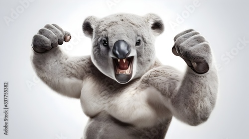 Muscular Anthropomorphic Koala Bear Fist Pumping in Fierce Fighting Pose on White Studio Background