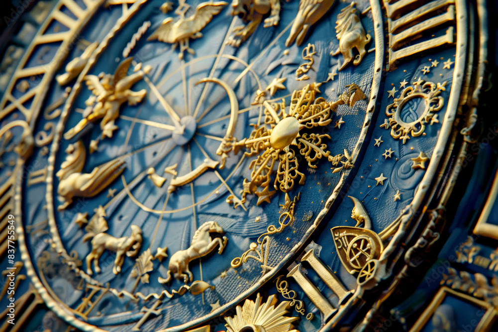 Close-up of an intricate astrological clock with detailed golden decorations. Close-up of an intricate astrological clock with detailed golden decorations.