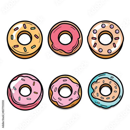 Six assorted handdrawn donuts, different icing flavors, sprinkle toppings. Cartoon style delicious desserts isolated white background. Variety, tasty, sweet snack food illustrations