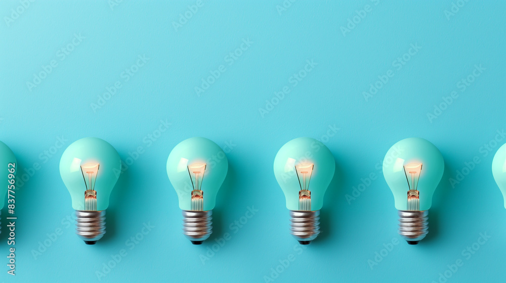 Turquoise Light Bulbs on Blue Background with One Lit, Idea concept Turquoise Light Bulbs on Blue Background with One Lit, Idea concept
