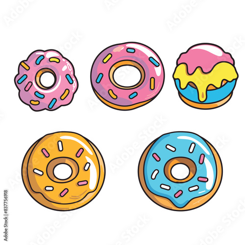 Five assorted colorful doughnuts cartoon illustration isolated white background. Sweet glazed pink yellow blue doughnuts dessert sprinkles toppings treat. Handdrawn pastry snack delicious bakery