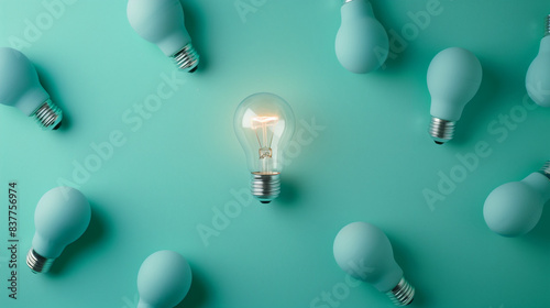Transparent Light Bulbs on Blue Background with Flat lay, Idea concept