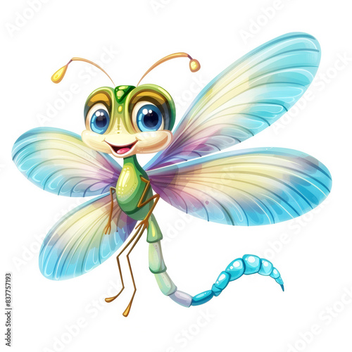 Cute and colorful cartoon dragonfly with big eyes and a cheerful expression.