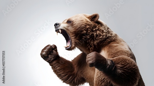 Powerful Anthropomorphic Bear Roaring with Clenched Fist in Fierce Fighting Stance on White Background photo