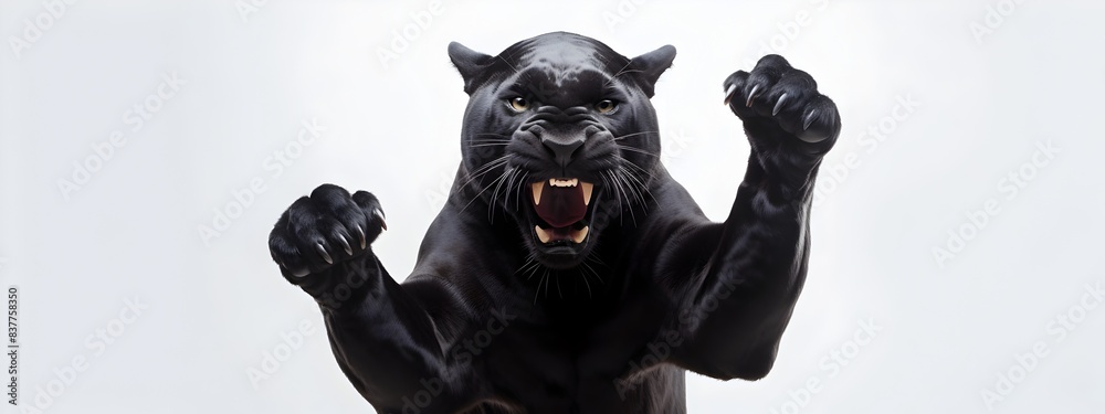 Powerful Anthropomorphic Muscle Panther Fist Pumping in Fierce Fighting Pose on White Background Powerful Anthropomorphic Muscle Panther Fist Pumping in Fierce Fighting Pose on White Background