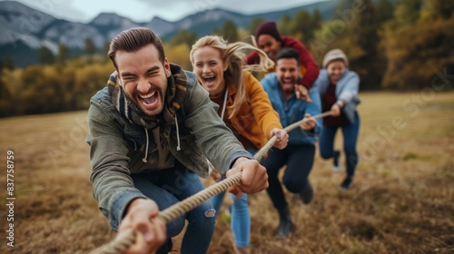 A lively group of adults engaging in a playful tug of war game in a scenic outdoor setting, showcasing teamwork and joy photo